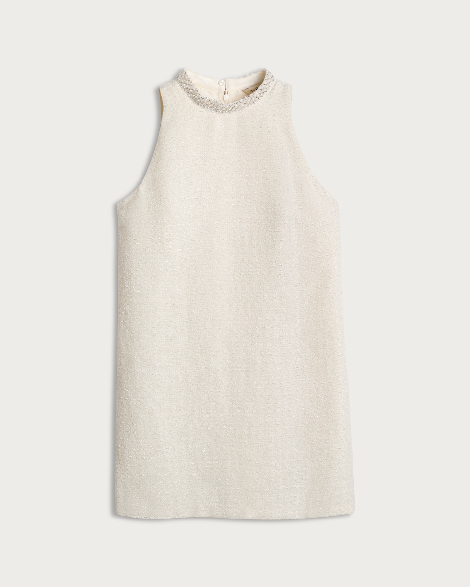 image 1 of The F&F Edit Boucle Embellished Neck Sleeveless Dress in Cream
