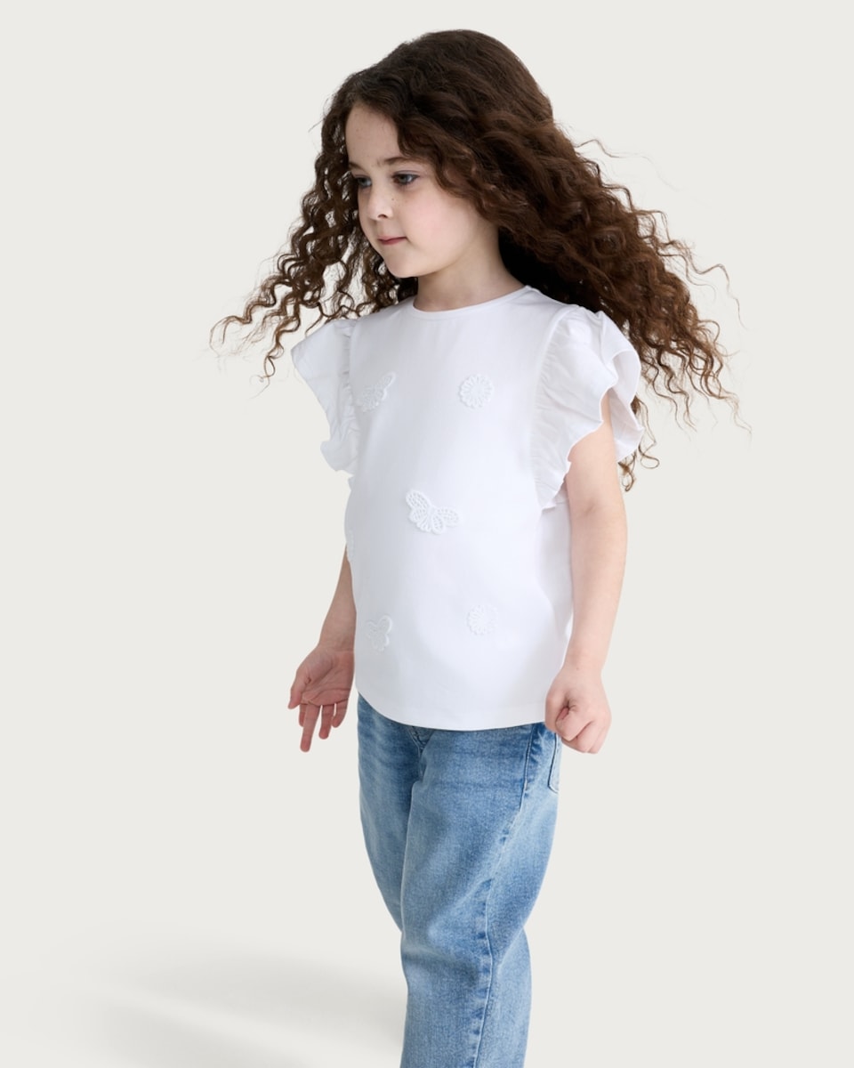 image 1 of F&F Girls Pure Cotton Butterfly Embroidered T-Shirt in White