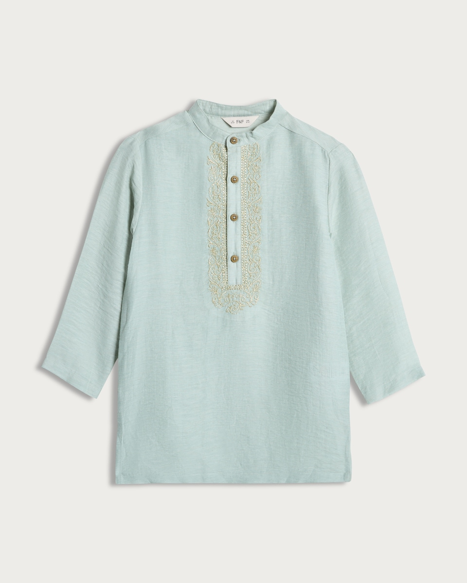 image 1 of F&F Boys Cotton Blend Embroidered Kurta in Green