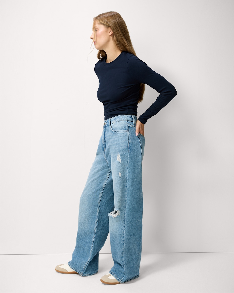 image 1 of F&F Cotton Rich Ribbed Long Sleeved Top in Navy