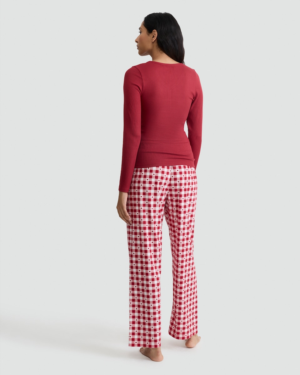 image 1 of F&F Ribbed Top and Check Wide Leg Trousers Pyjamas in Red