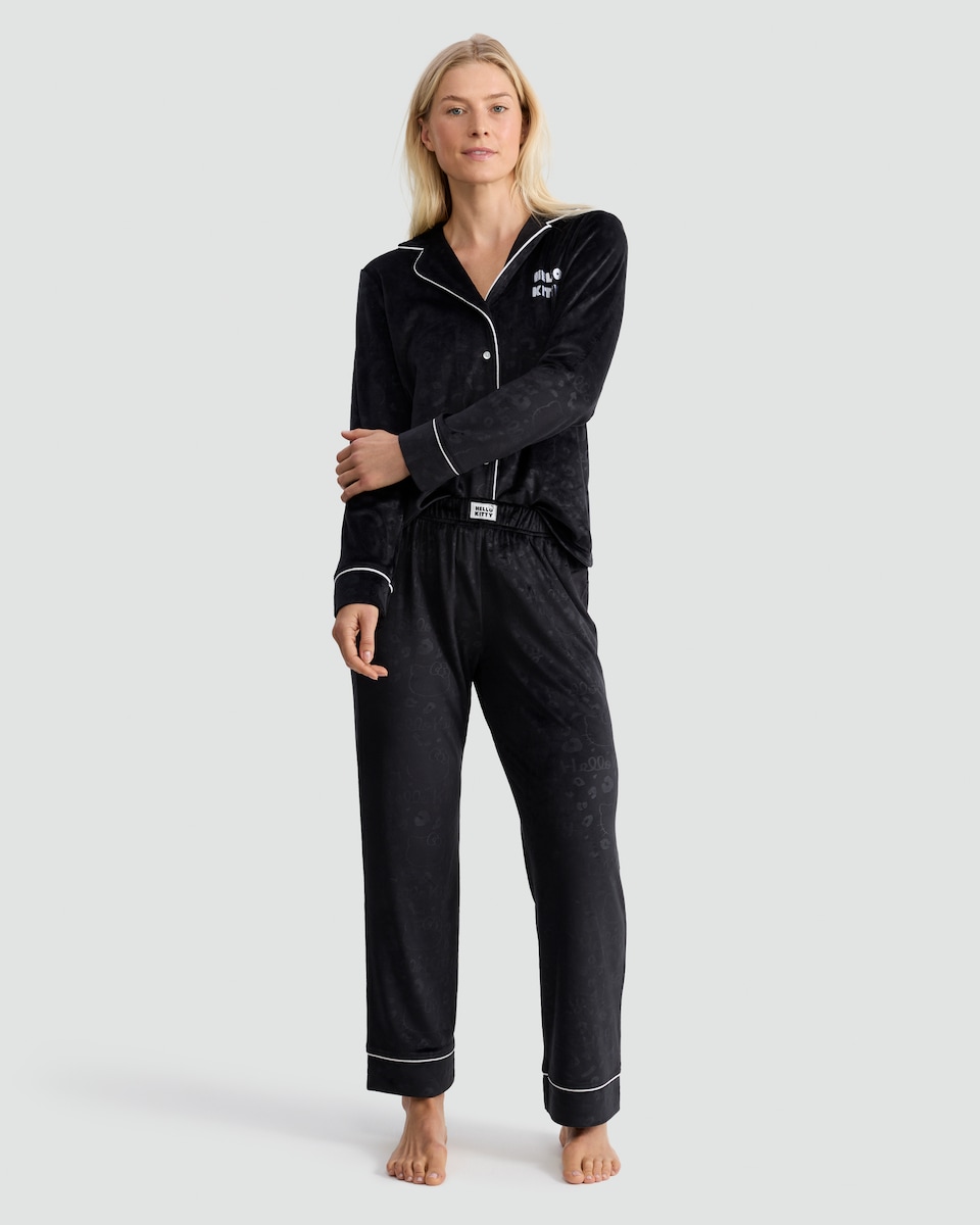image 1 of Hello Kitty Fleece Printed Revere Pyjama Set in Black