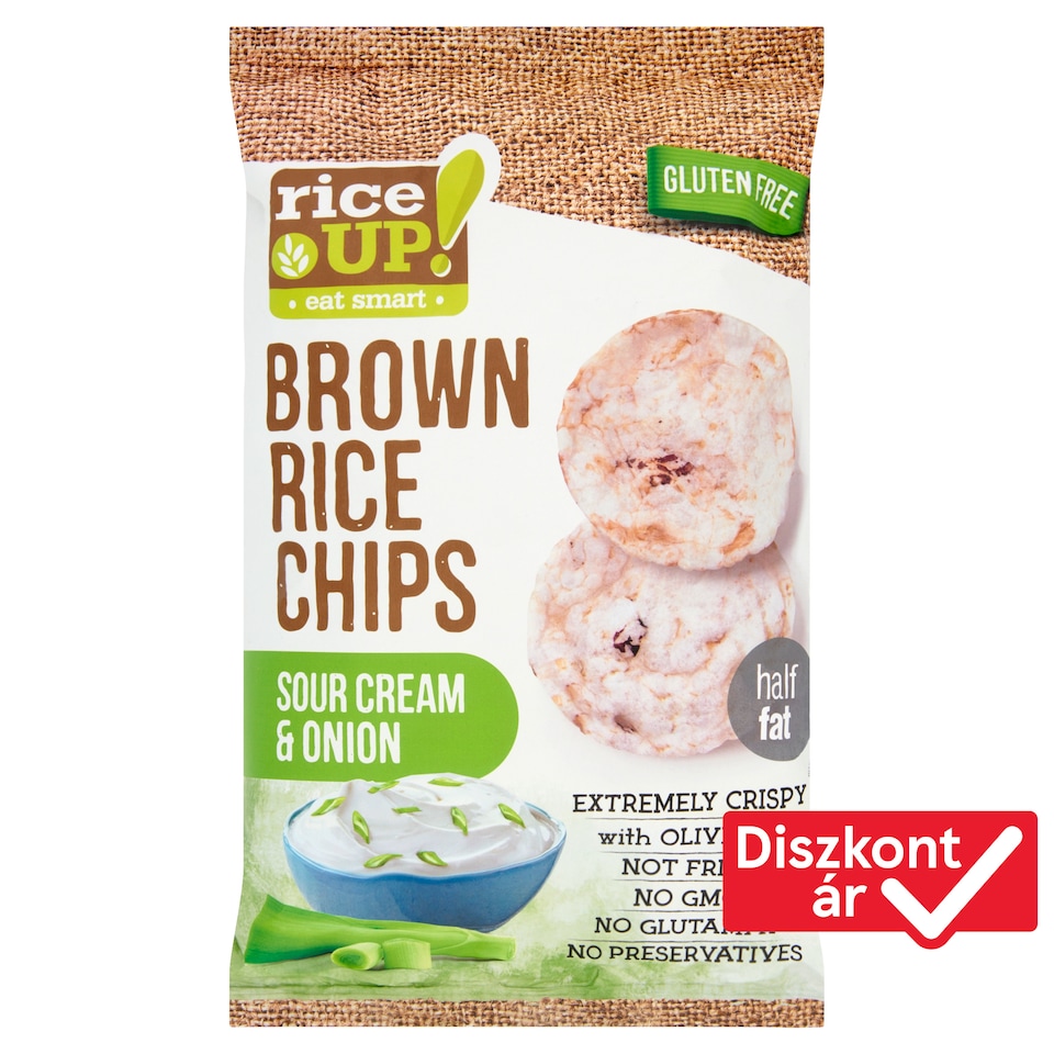RiceUp! Eat Smart teljes kiőrlésű barna rizs chips hagymás-tejfölös ízesítéssel 60 g 1. kép