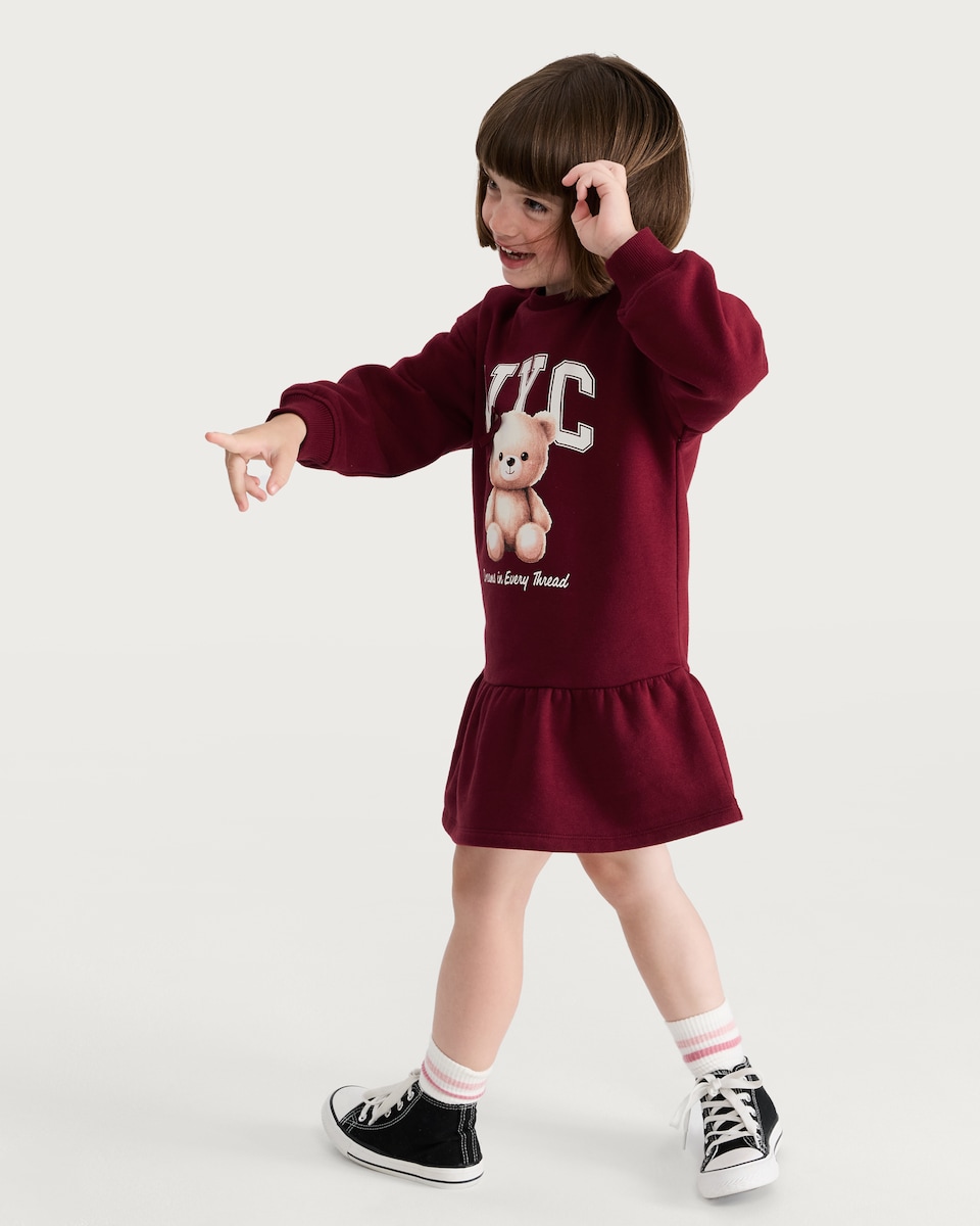 image 1 of F&F Girls Cotton Rich NYC Teddy Bear Sweatshirt Dress in Burgundy