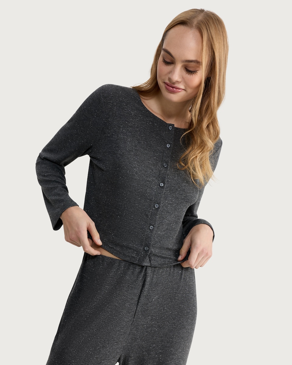 image 1 of F&F Lurex Button Front Top and Bottoms Pyjamas in Grey
