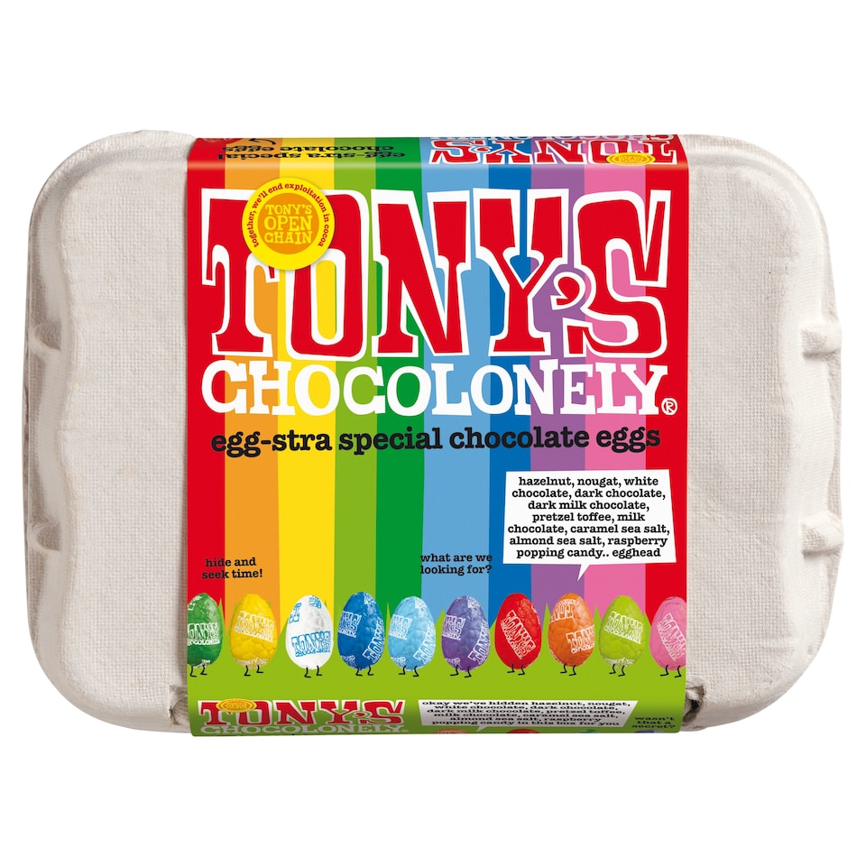 image 1 of Tony's Chocolonely 12 Egg-Stra Special Chocolate Eggs 150G