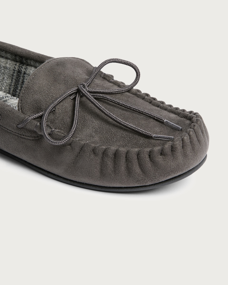 image 1 of F&F Bow Detail Moccasin Slippers in Grey
