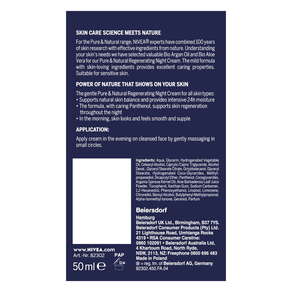 image 1 of Nivea Pure & Natural Night Cream 50Ml