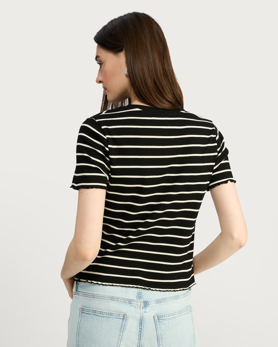 image 1 of F&F Striped Ribbed Lettuce Hem T-Shirt in Multi Brown