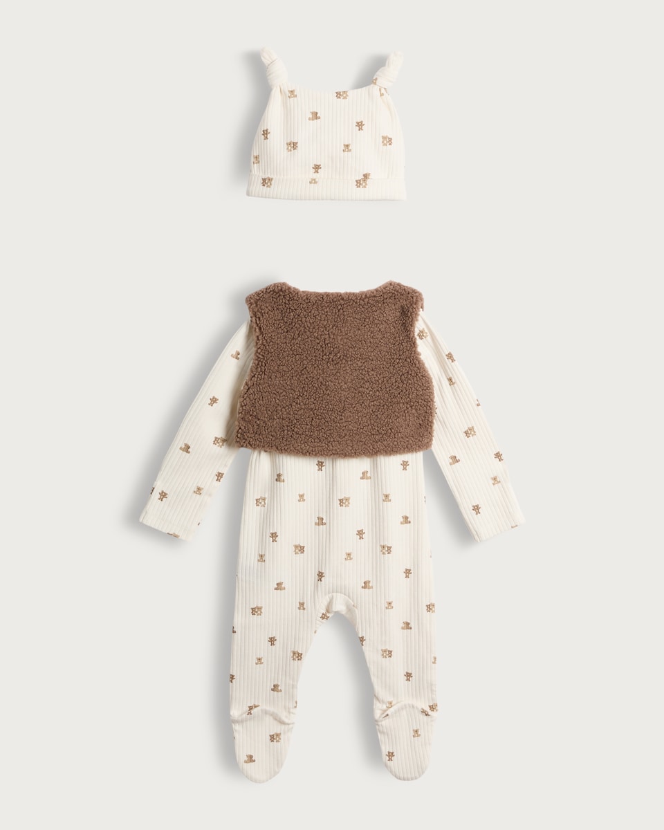 image 1 of F&F Baby 3-Piece Cotton Rich Teddy Print Sleepsuit, Gilet and Hat Set in White