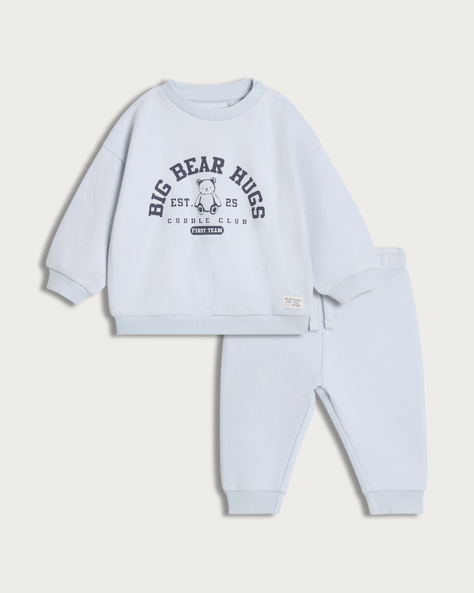 image 1 of F&F Baby 2-Piece Cotton Rich Bear Hugs Sweatshirt and Joggers Set in Blue