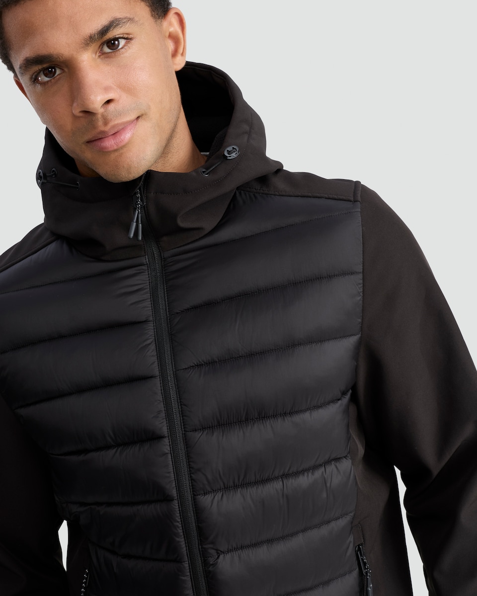 image 1 of F&F Active Panel Hooded Shower Resistant Puffer Jacket in Black