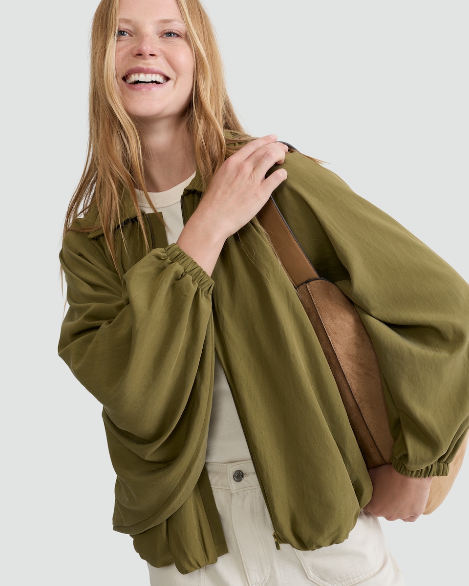 image 1 of F&F Bubble Hem Zip Up Blouse in Khaki