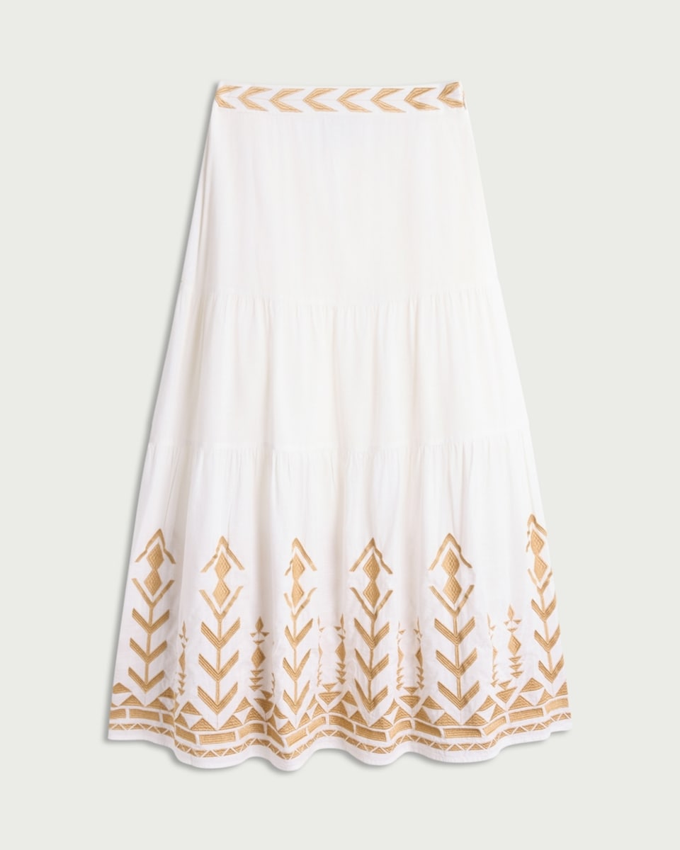 image 1 of F&F Cotton Rich Embroidered Tiered Co-ord Midi Skirt in Cream