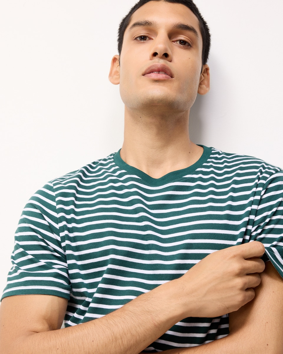 image 1 of F&F Pure Cotton Striped T-Shirt in Green