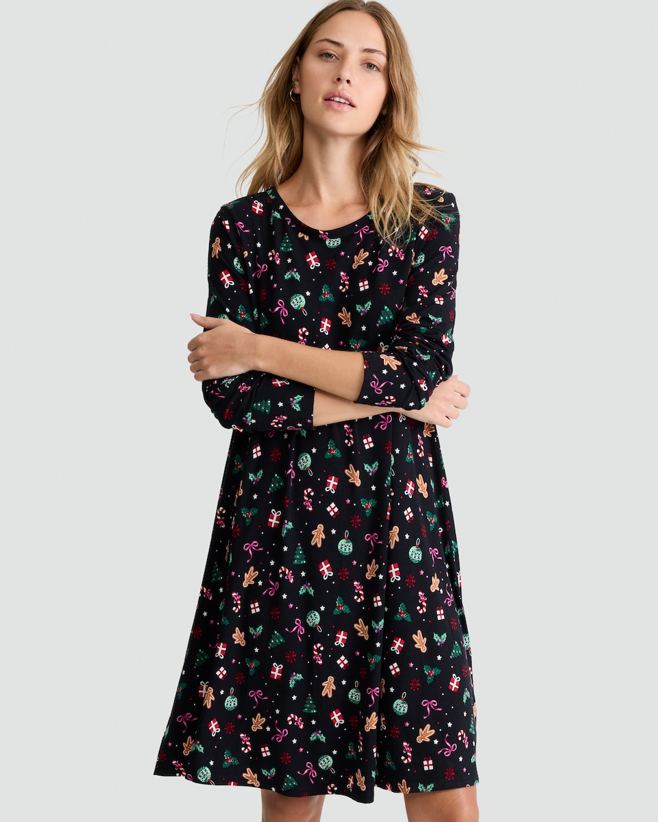 image 1 of F&F Christmas Print Long Sleeved Mini Dress in Multi Black