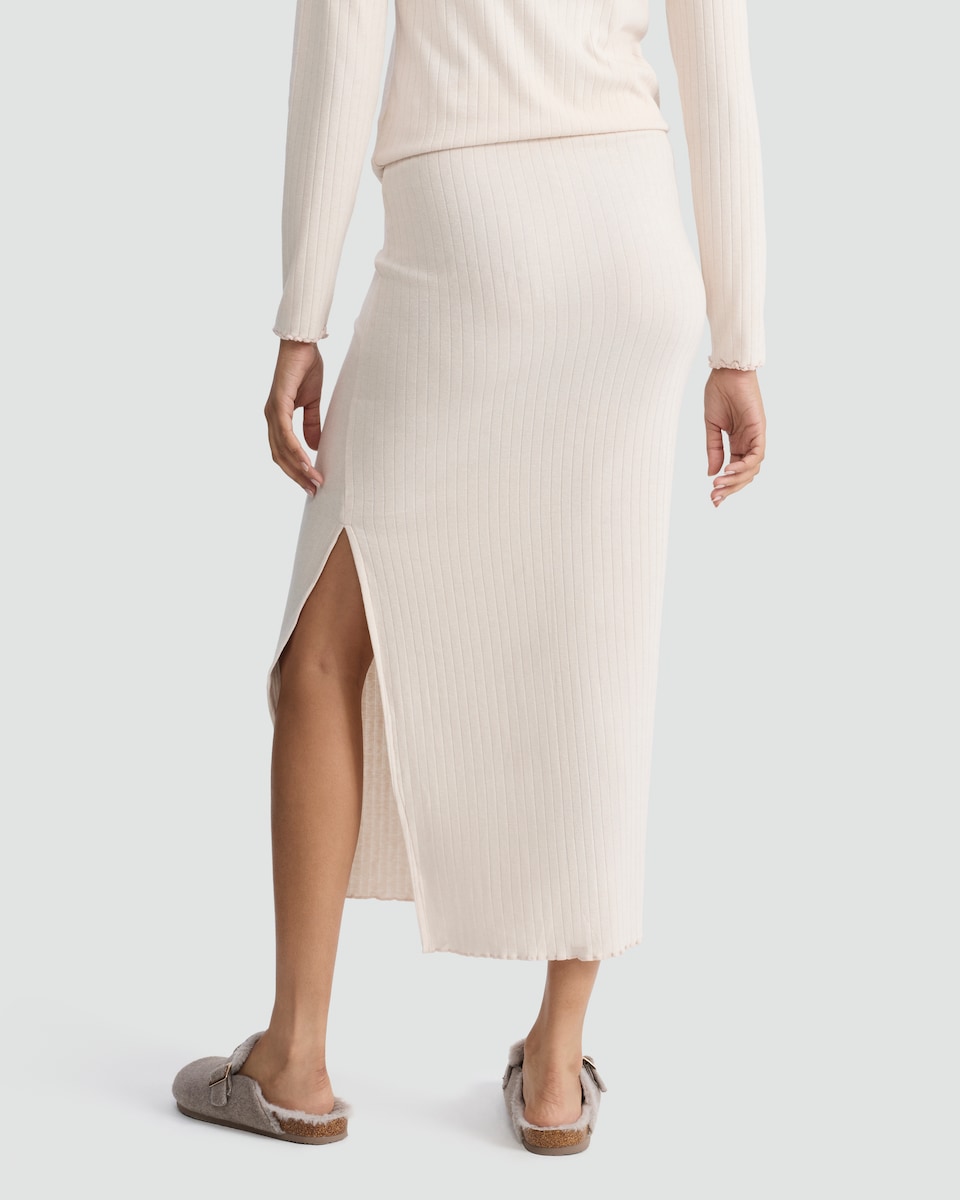 image 1 of Rise by Zara McDermott Ribbed Midi Skirt in Stone