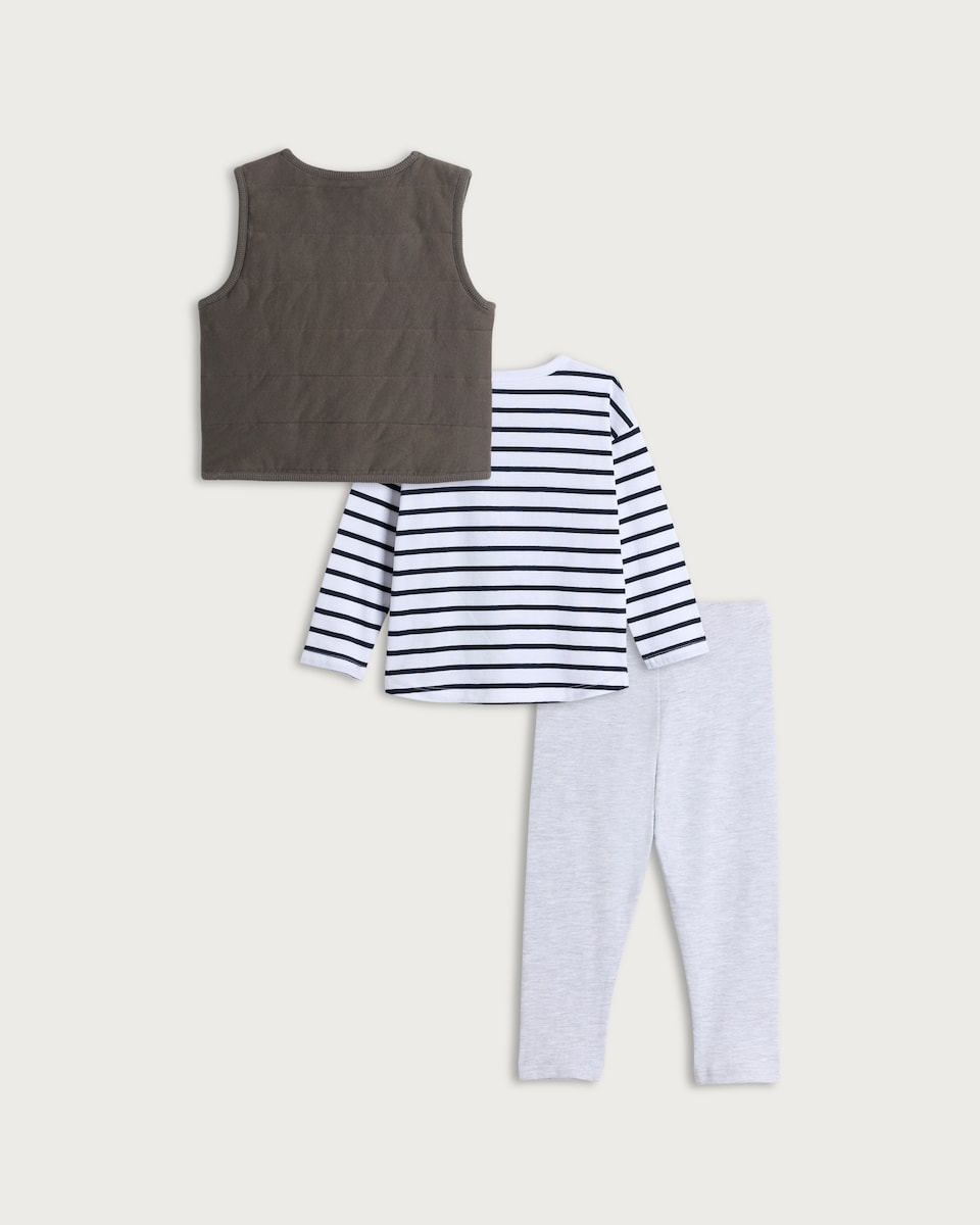 image 1 of F&F Baby 3-Piece Cotton Rich Mini Champ Gilet, Top and Leggings Set in Grey