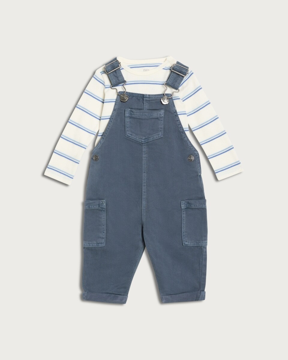 F&F Baby Pure Cotton Dungarees and Striped Bodysuit Set in Blue