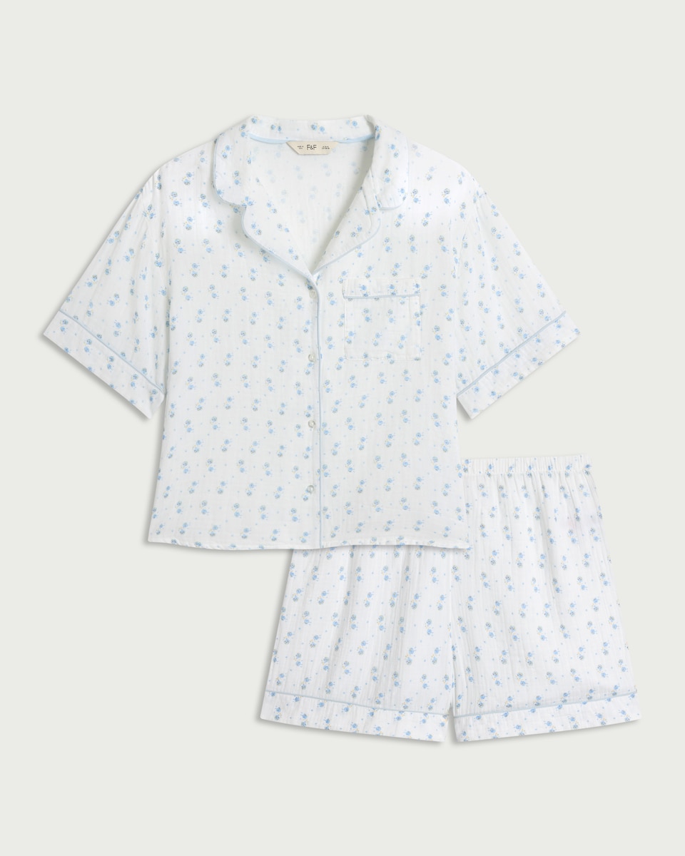 image 1 of F&F 2-Piece Pure Cotton Floral Pyjama Set in Multi Blue
