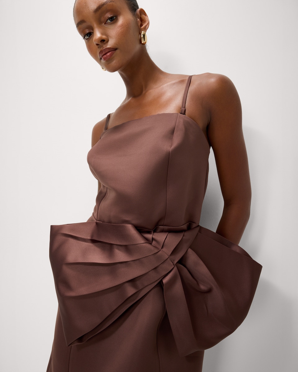 image 1 of F&F Satin Bow Bandeau Mini Dress in Tobacco