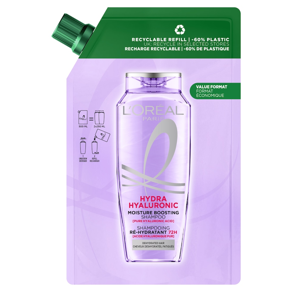 image 1 of L'Oreal Hydra Hyaluronic Shampoo Refill 500Ml