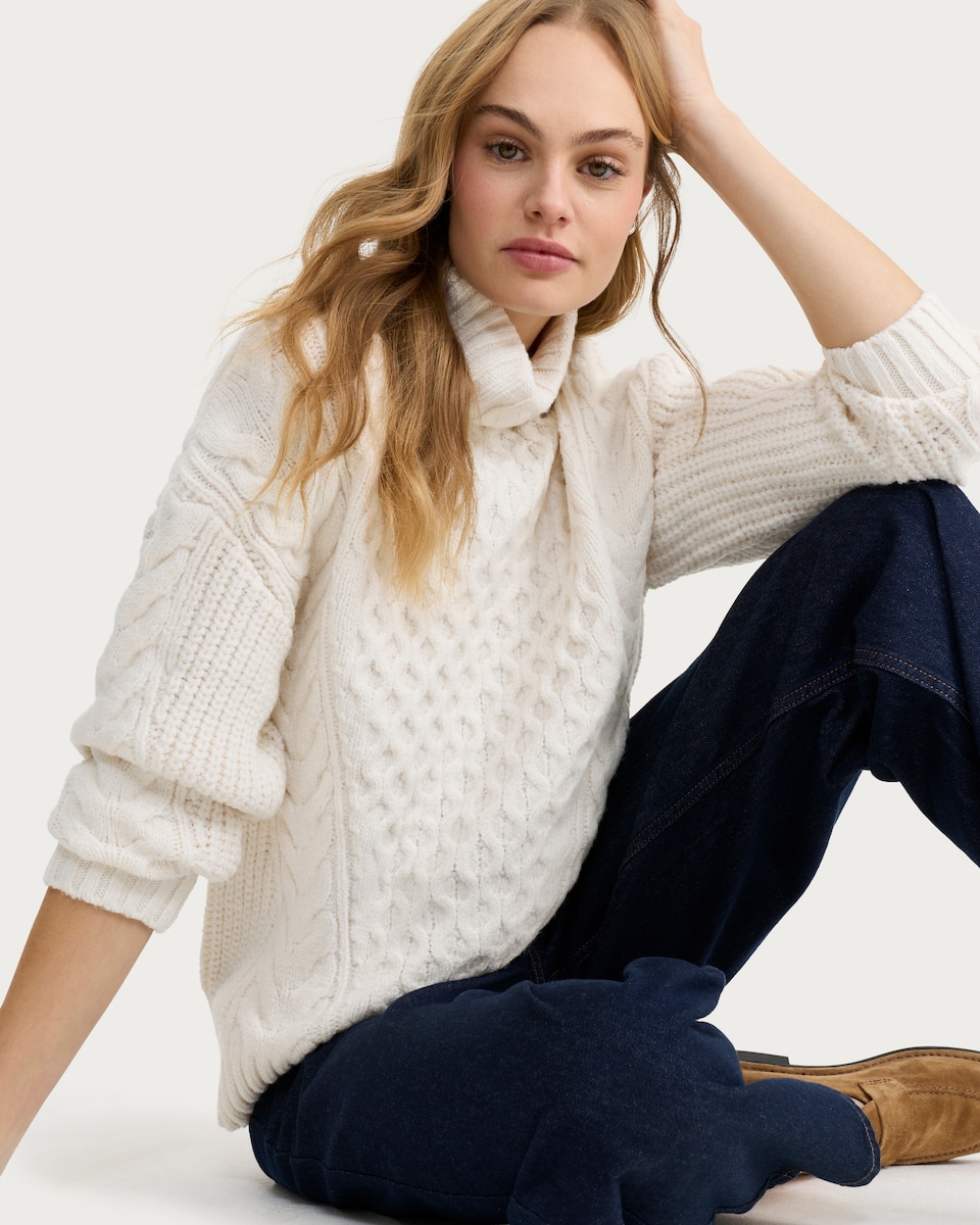 image 1 of F&F Cable Knit Roll Neck Slouchy Jumper in Neutral