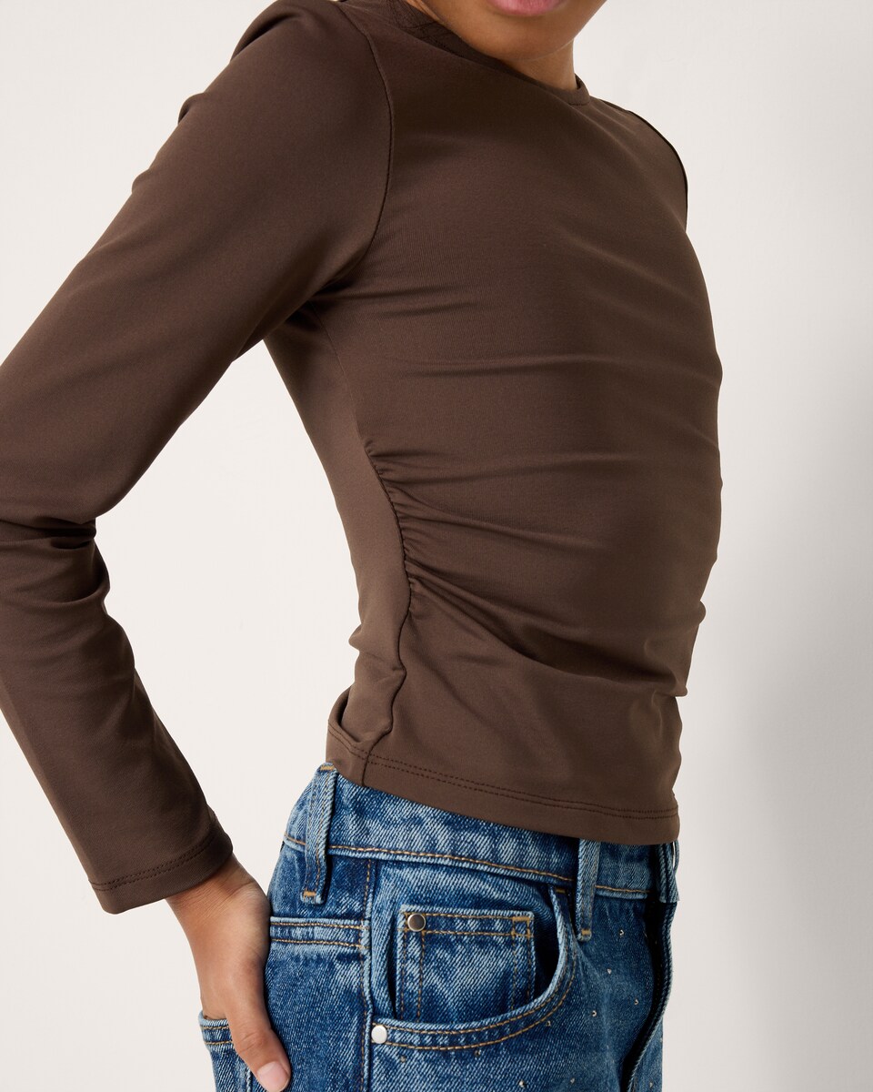 image 1 of F&F Girls Slinky Ruched Side Top in Brown