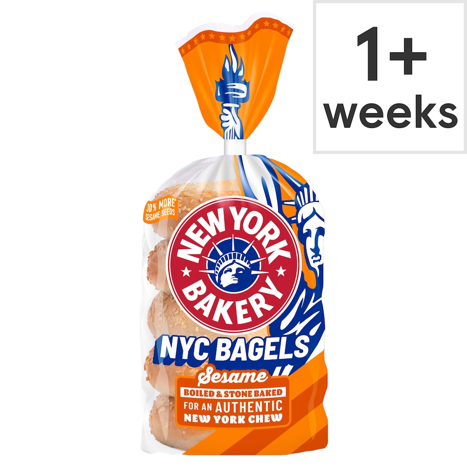 image 1 of New York Bakery Co Plain and Sesame Bagels 5 Pack