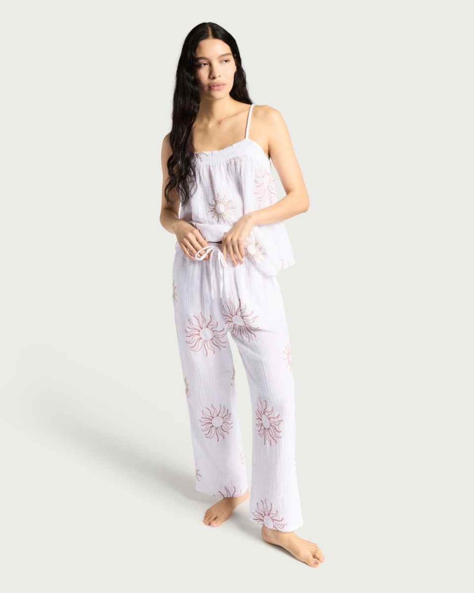 image 1 of F&F Pure Cotton Sun Embroidered Drawstring Pyjama Bottoms in Cream