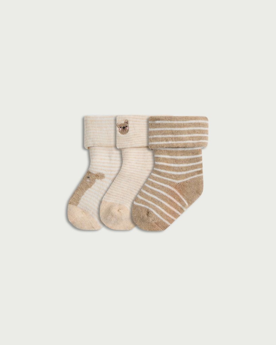 F&F Baby 3-Pack Cotton Rich Bear Roll Top Socks in Beige