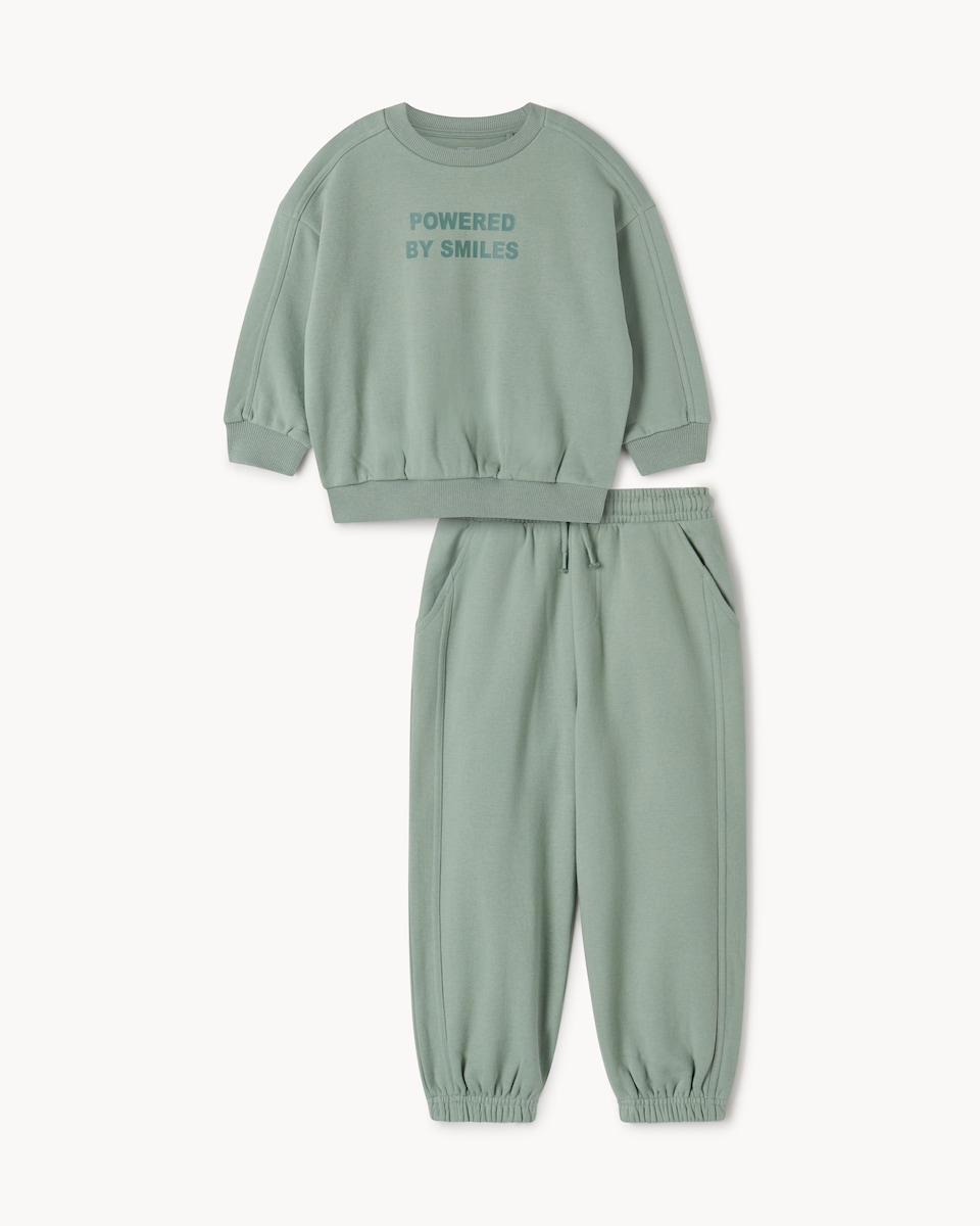 image 1 of F&F Boys 2-Piece Slogan Sweatshirt and Joggers Set in Green