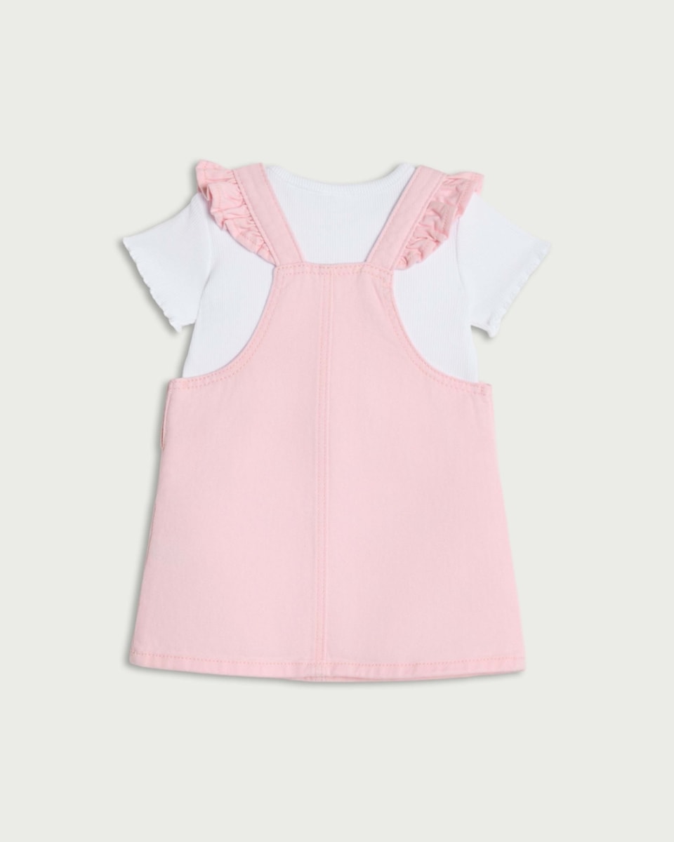 image 1 of F&F Baby 2-Piece Pure Cotton Denim Embroidered Pinafore Dress and Bodysuit Set in Pink