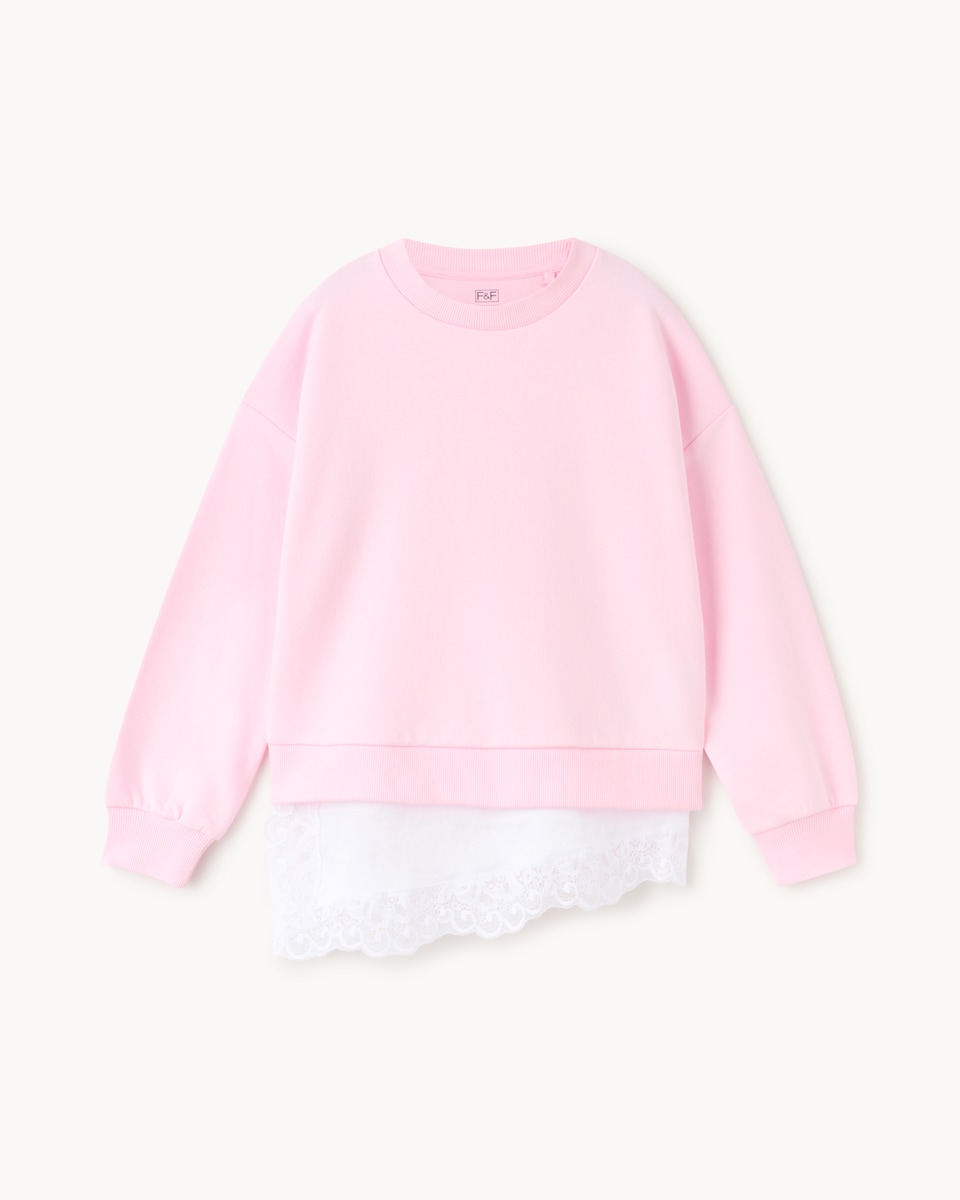 image 1 of F&F Girls Cotton Rich Lace Hem Sweatshirt in Pink