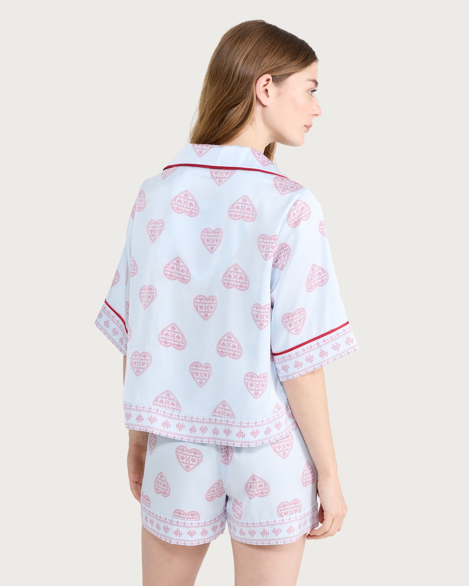 image 1 of F&F CoolEase™ Satin Heart Print Shirt and Shorts Pyjama Set in Multi Blue