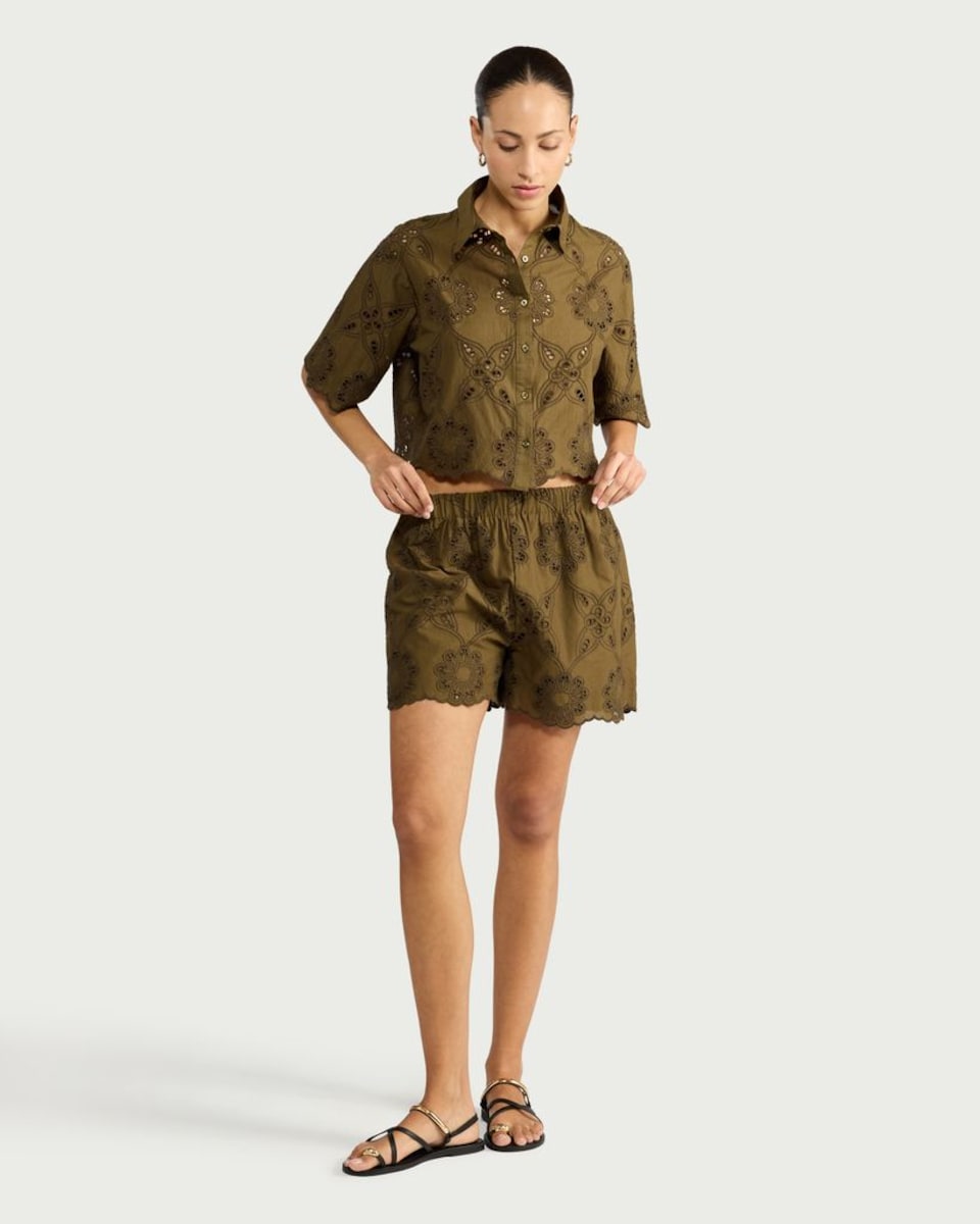 image 1 of The F&F Edit Pure Cotton Embroidered Scallop Hem Co-ord Shirt in Khaki