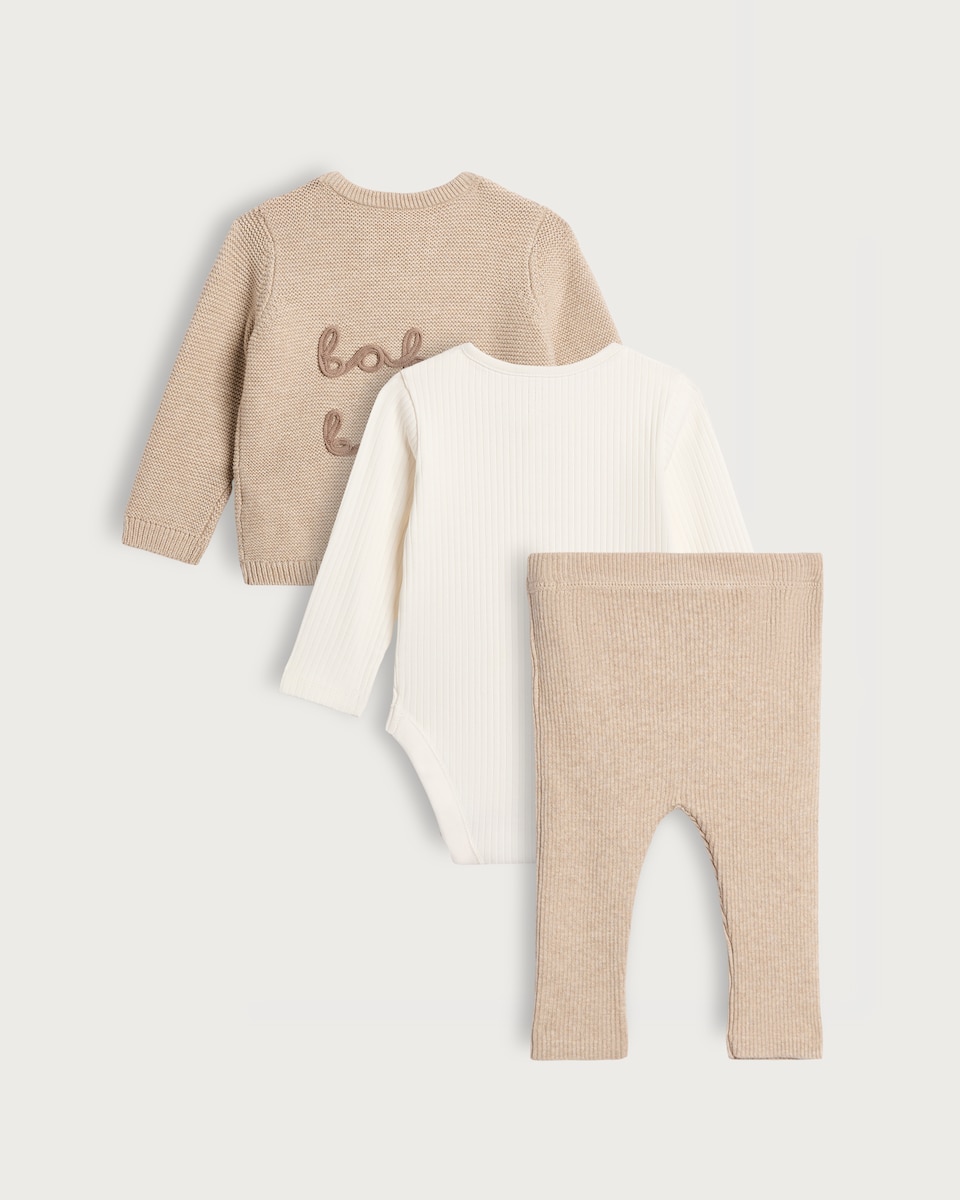 image 1 of F&F Baby 3-Piece Cotton Rich Knitted Cardigan, Bodysuit and Legging Set in Med Nude