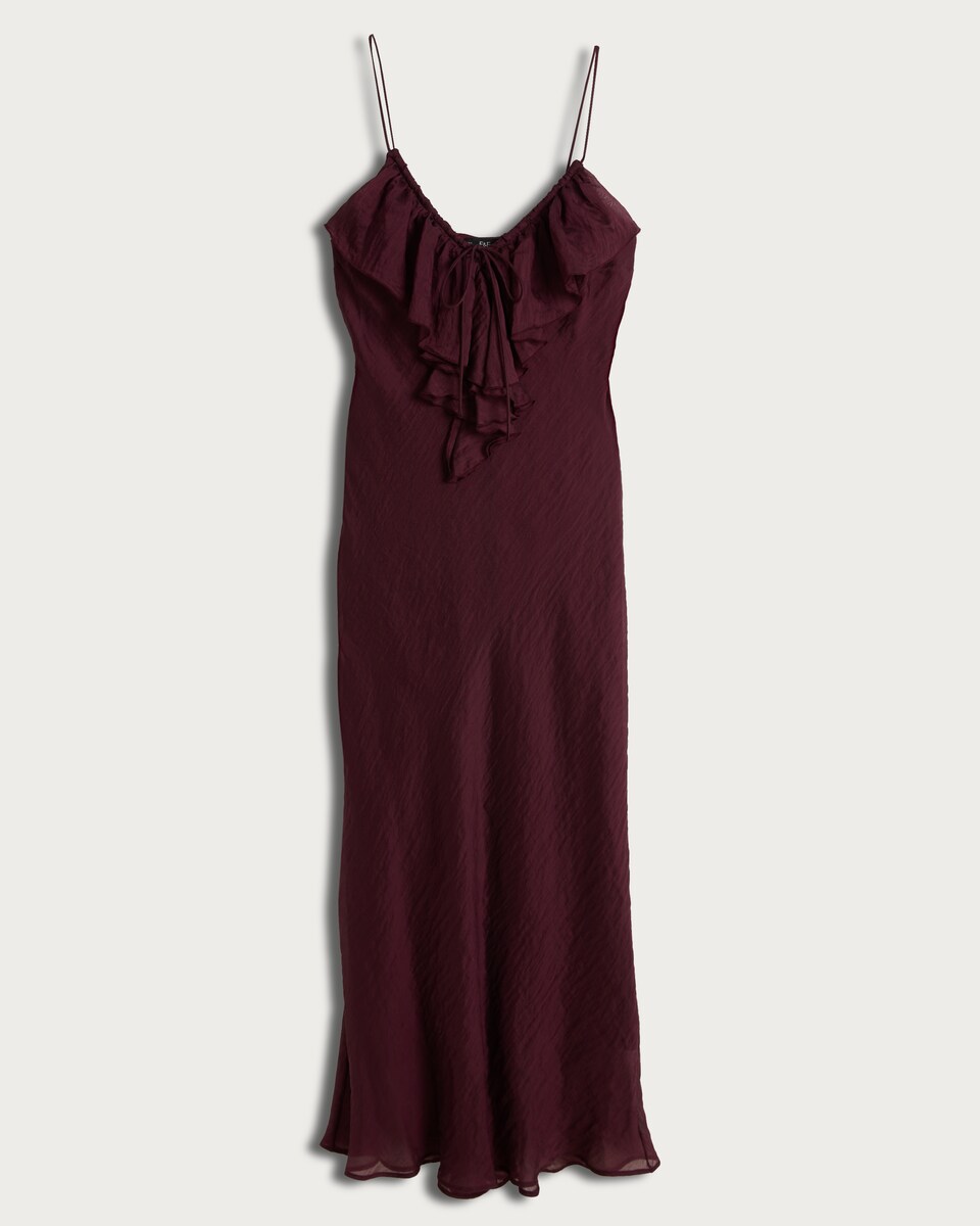 image 1 of F&F V Neck Ruffle Front Strappy Midi Dress in Burgundy