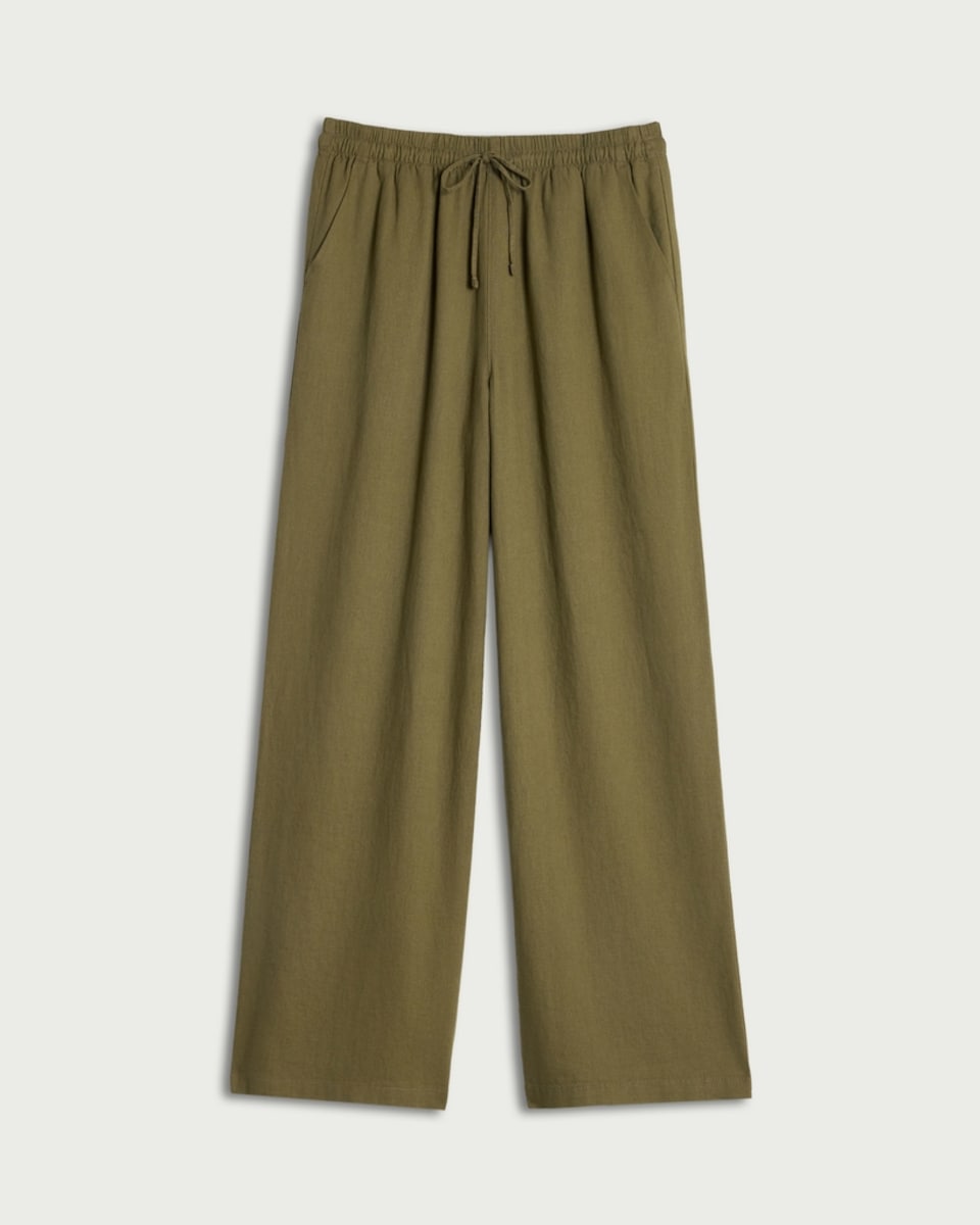 image 1 of F&F Linen Rich Wide Leg Drawstring Trousers in Khaki