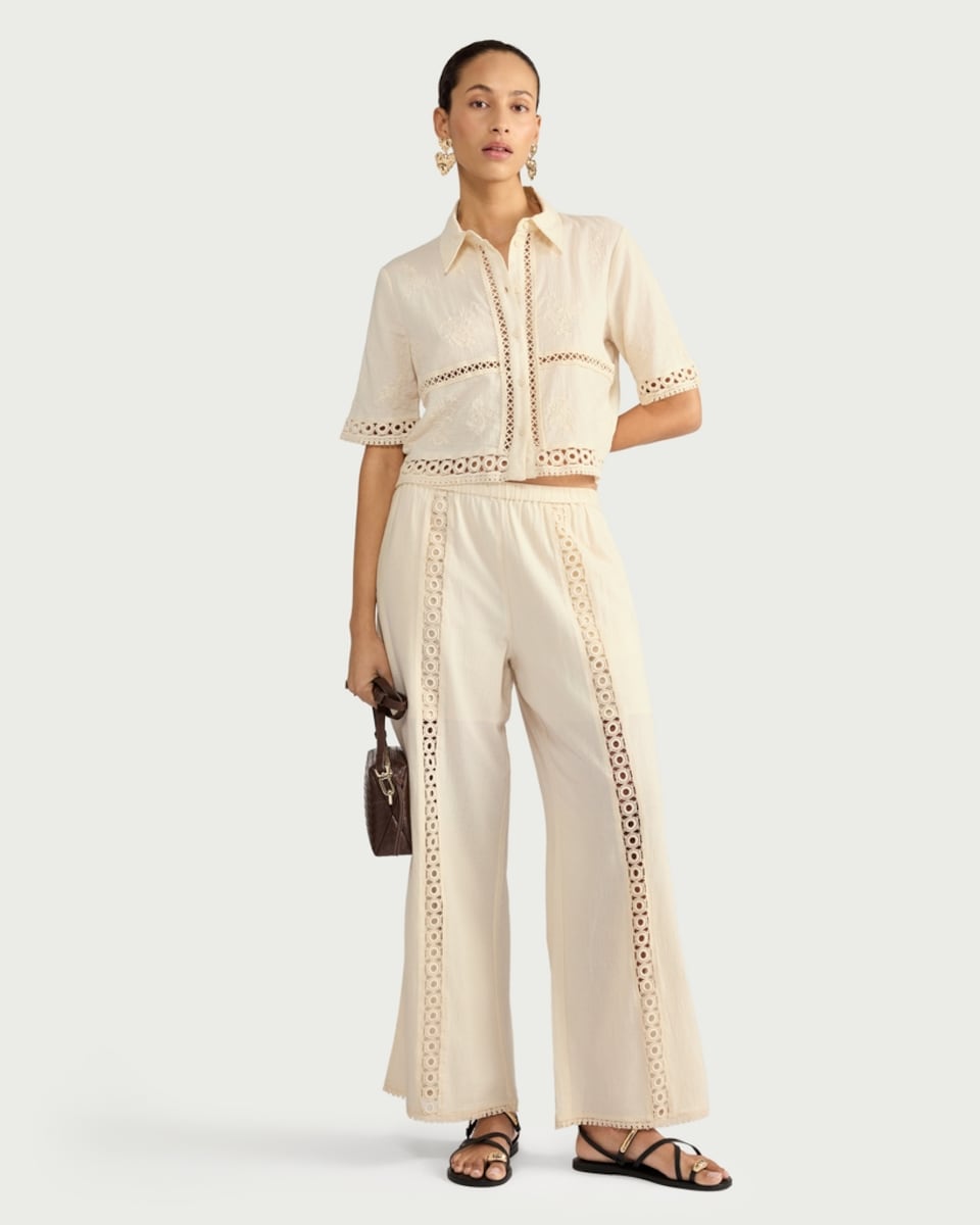 image 1 of The F&F Edit Pure Cotton Embroidered Lace Trim Co-ord Shirt in Cream