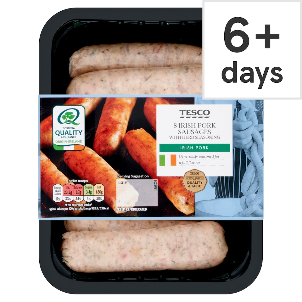 Tesco 8 Irish Pork Sausages with Herb Seasoning 560g