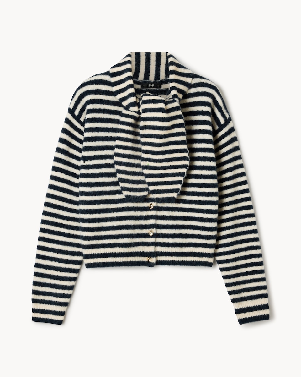 image 1 of F&F Striped Scarf Neck Cardigan  in Navy