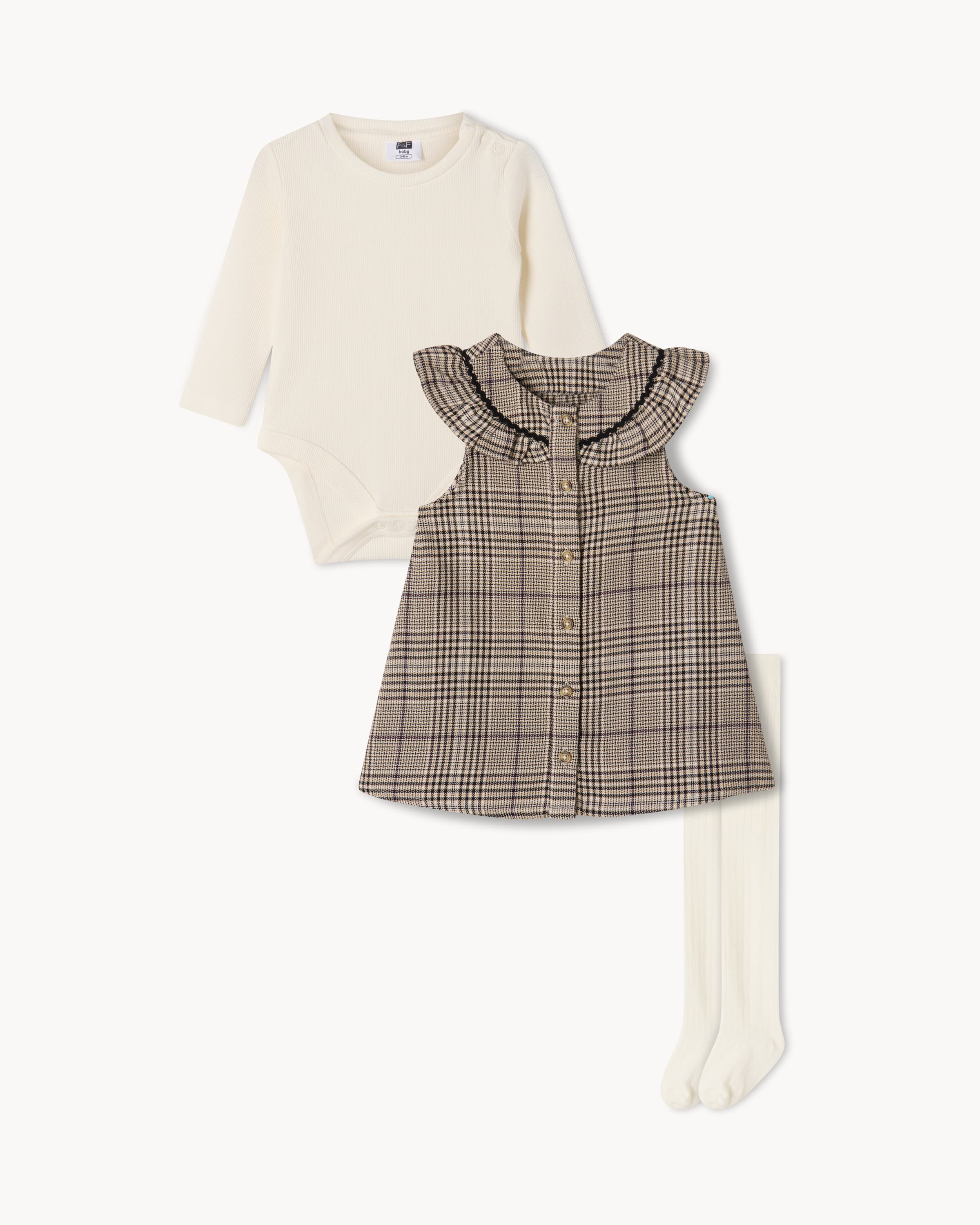 F&F Baby Checked Dress, Bodysuit and Tights Set in Brown