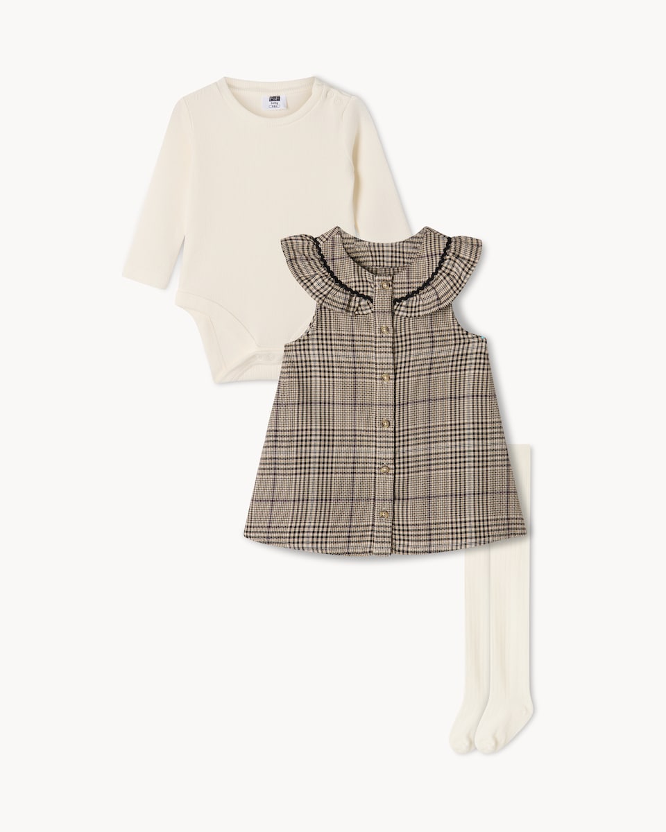 image 1 of F&F Baby Checked Dress, Bodysuit and Tights Set in Brown