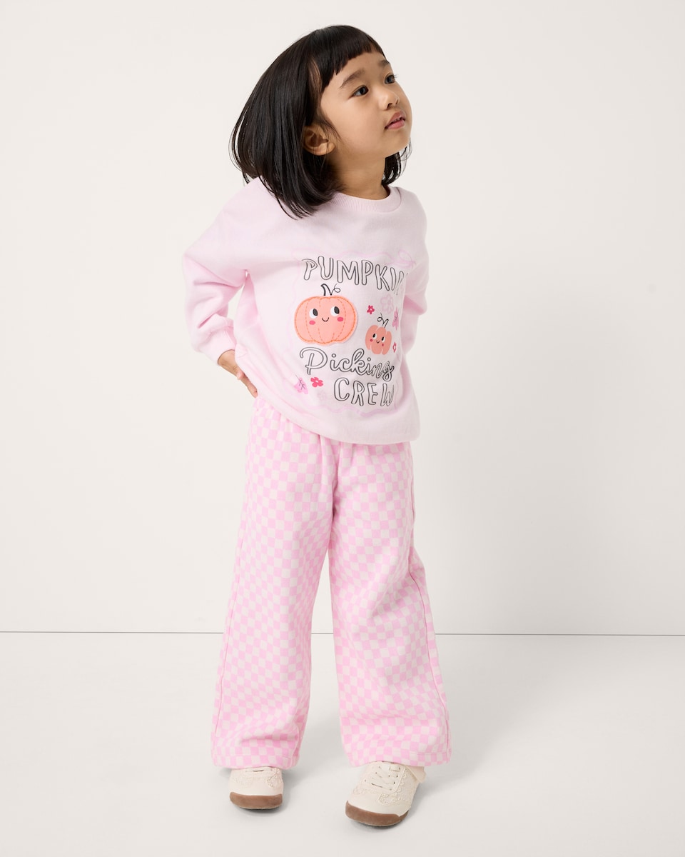 image 1 of F&F Girls Cotton Rich Halloween Pumpkin Sweatshirt and Trousers Set in Multi Pink