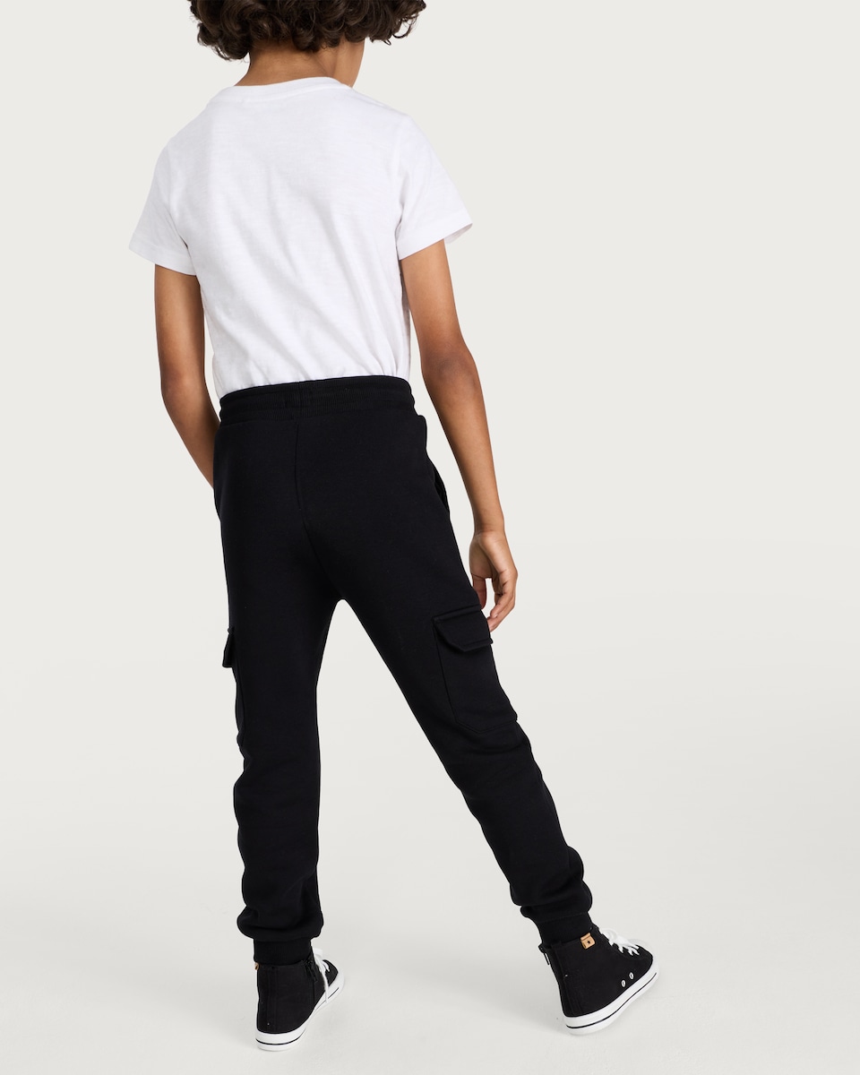 image 1 of F&F Boys Cotton Rich Cuffed Drawstring Cargo Joggers in Black
