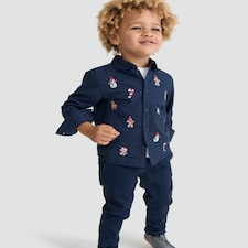F&F Boys Pure Cotton Christmas Embroidered Shirt in Navy