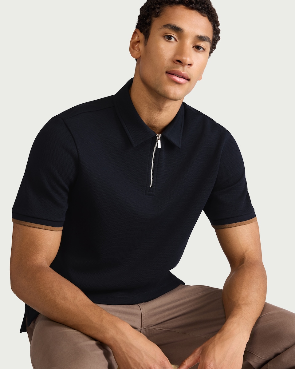 image 1 of F&F Textured Zip Neck Tipped Polo Shirt in Navy