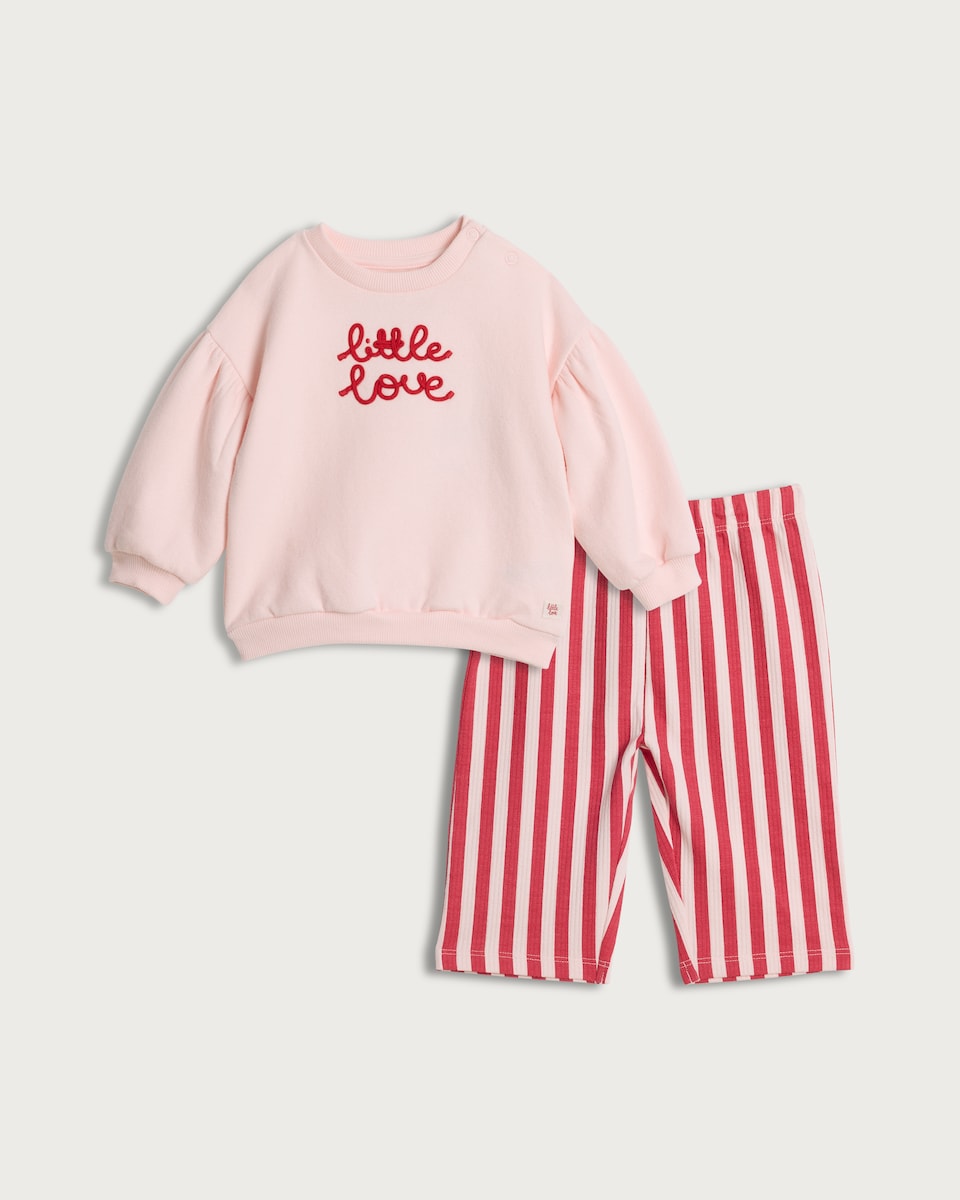image 1 of F&F Baby 2-Piece Cotton Rich Little Love Sweatshirt and Striped Bottoms Set in Pink