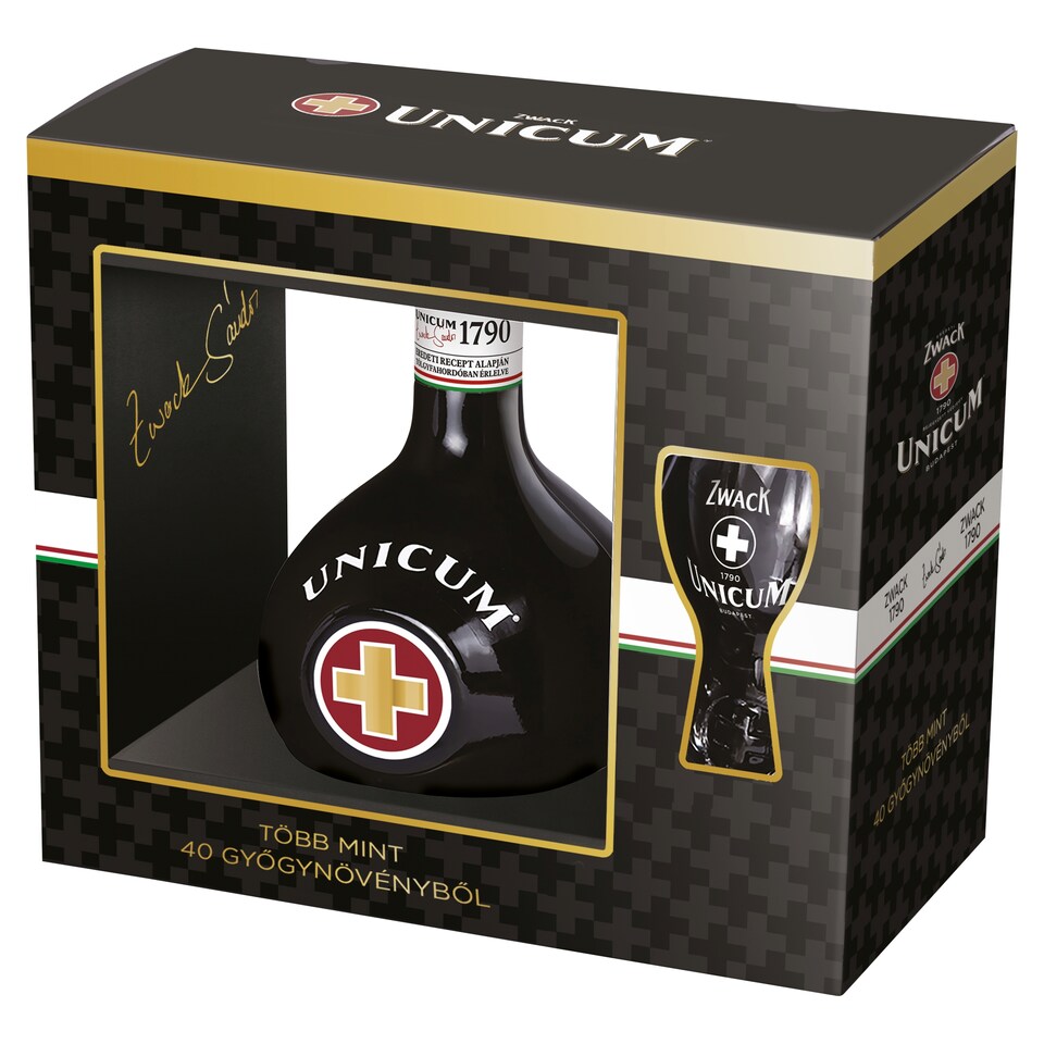 Zwack Unicum gyógynövénylikőr díszdobozban 40% 0,7 l + 1 db pohár